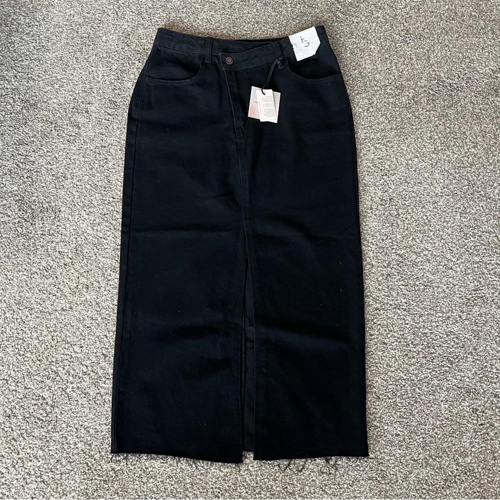 Happily Grey NWT Black Denim Midi‎ Skirt With Slit, Size 5